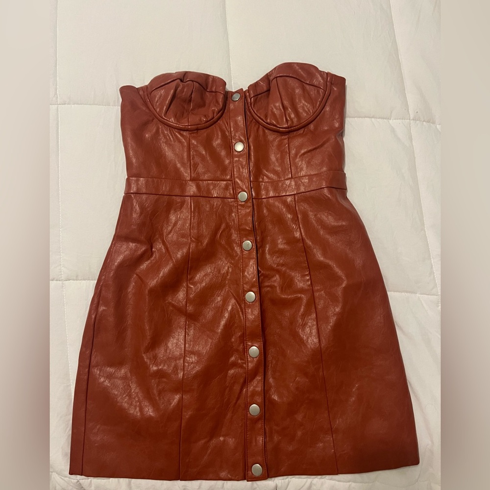 MAJORELLE Strapless Rust Dress with Button Accents
